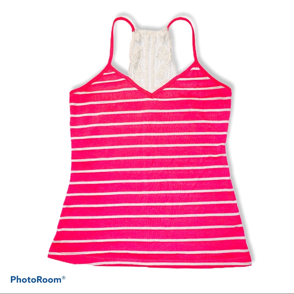 Charlotte Russe pink white striped lace tank top